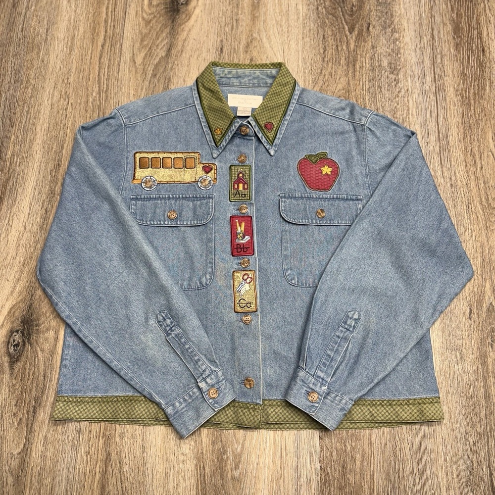 VTG Christopher & Banks Embroidered Denim Shirt Womens L Long Sleeve Teachercore
